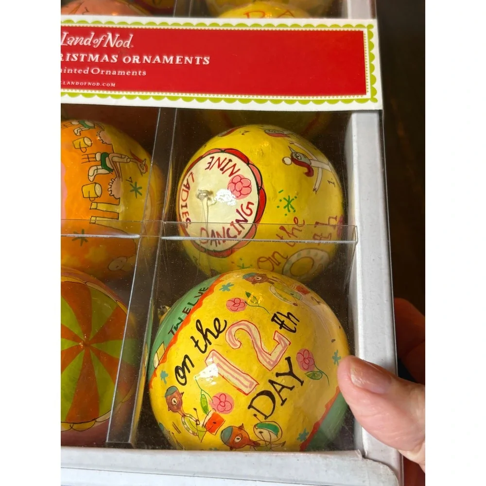 NIB The Land of Nod 12 Days of Christmas Hand Painted Ornaments Colorful Set 12